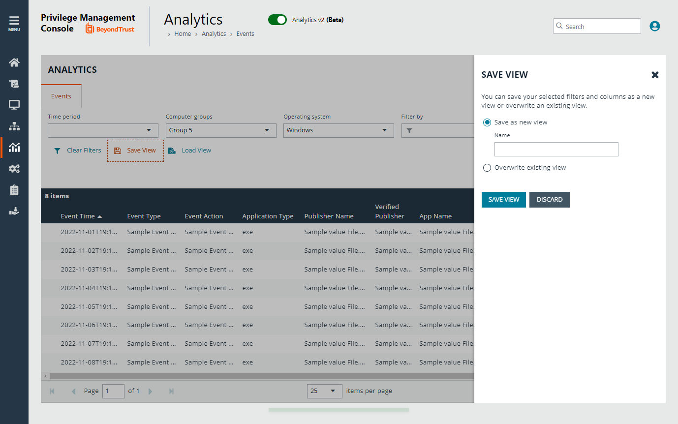 The Save View pane in PM Cloud Analytics v2