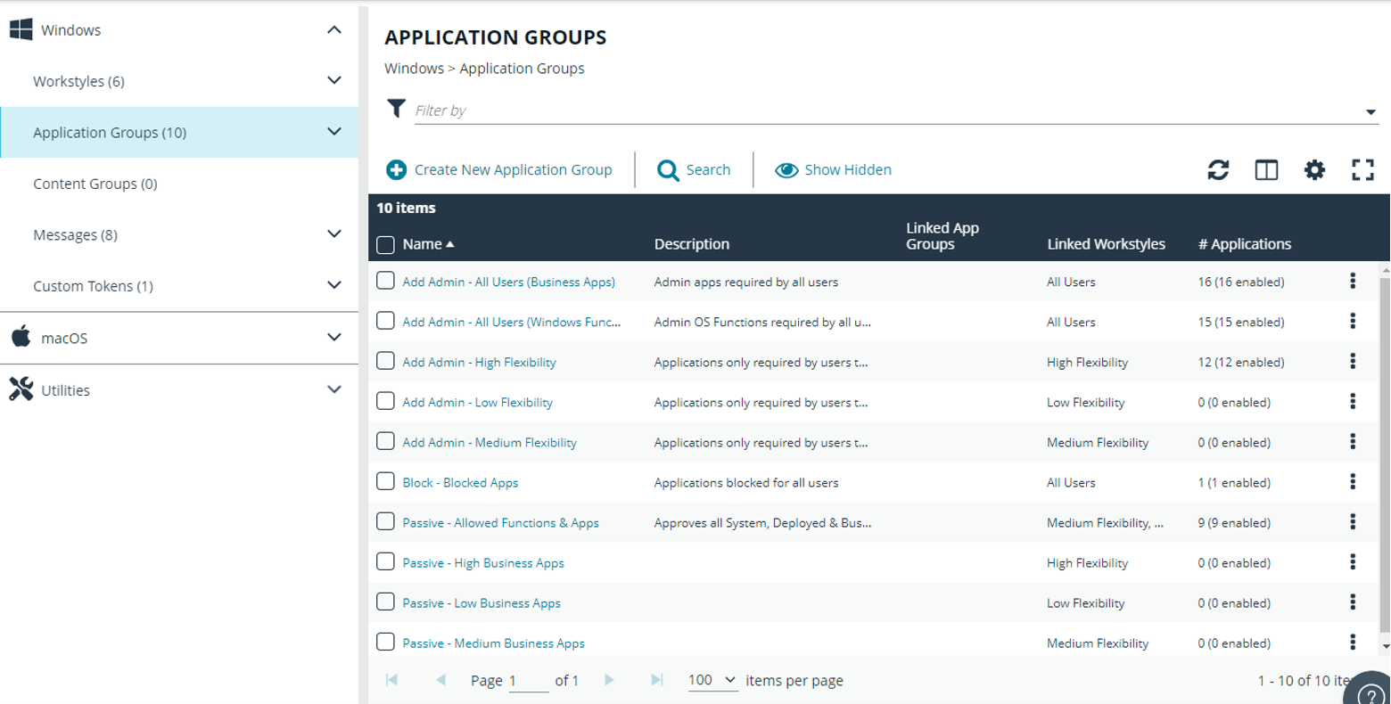 The Application Groups landing page in EPM Policy Editor