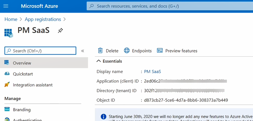 Overview tab selected in Azure app registrations