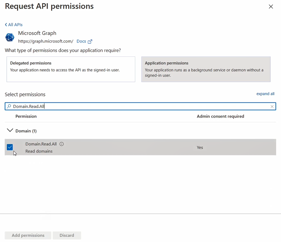 In the Azure app registration portal, add permissions on the Request API permissions page 