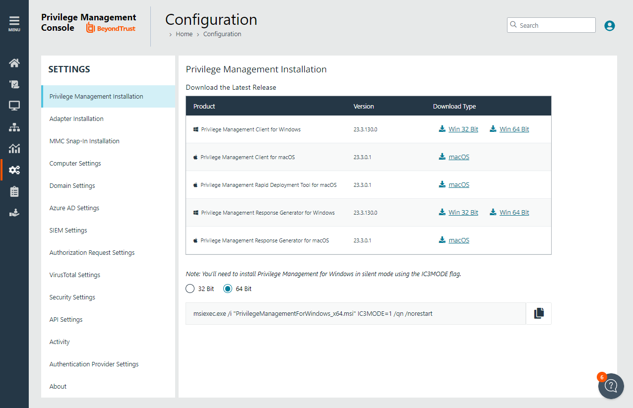 The Configuration settings page in Endpoint Privilege Management.