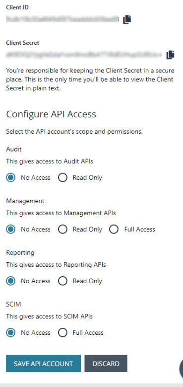 In PM Cloud, the Create an API account dialog box.