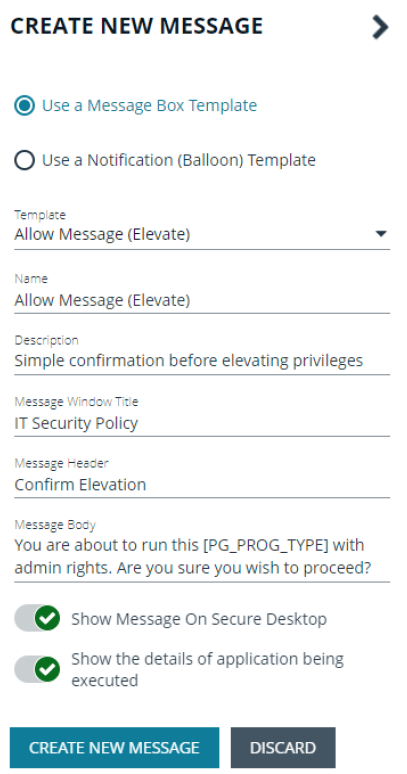 Dialog box for creating a message in Privilege Management Cloud