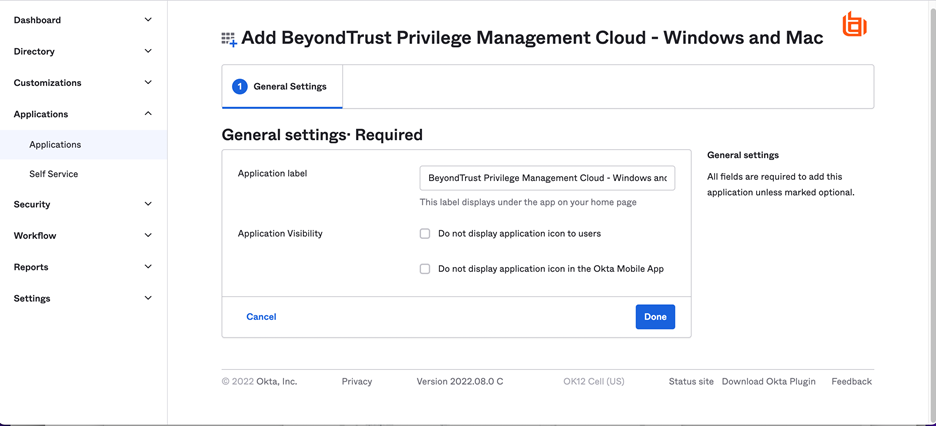 Okta configuration showing the General settings for the PM Cloud instance.