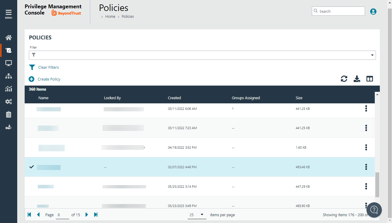 Policies page in PM Cloud