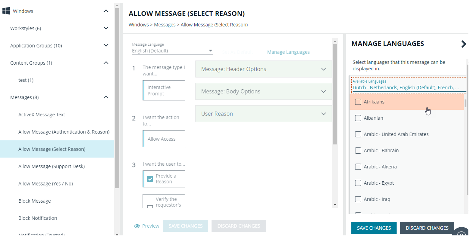 Select a language for message in EPM Policy Editor