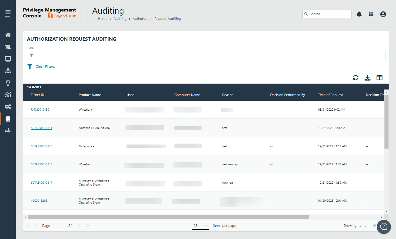 Authorization Request Auditing page in PMC.