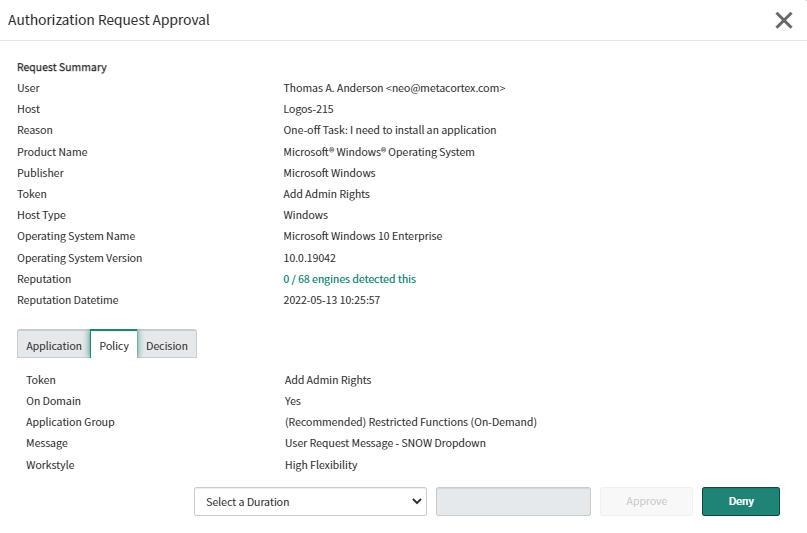 ServiceNow and EPM authorization request workflow with duration set