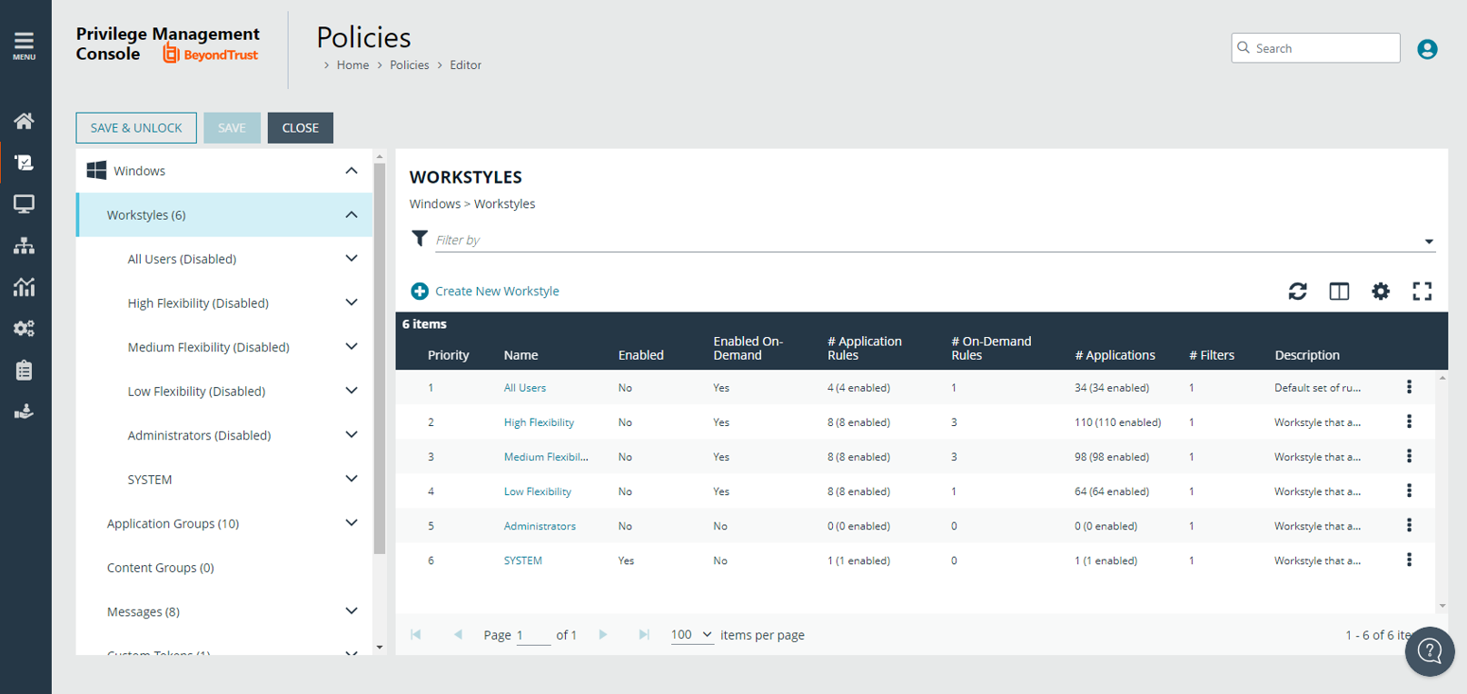 Workstyles page in Endpoint Privilege Management.