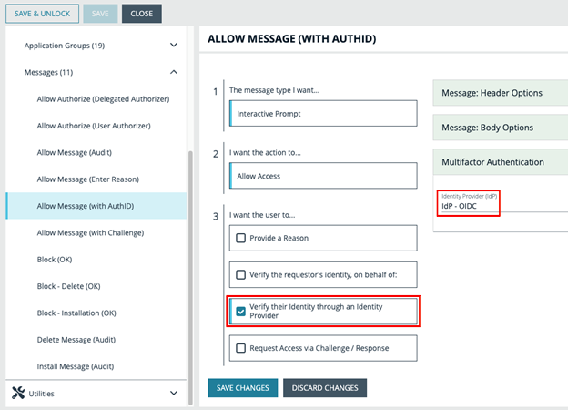 Identity provider settings for a message in a authID and EPM integration.