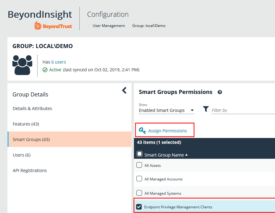 Screenshot of assigning permissions to a Smart Group in BeyondInsight.