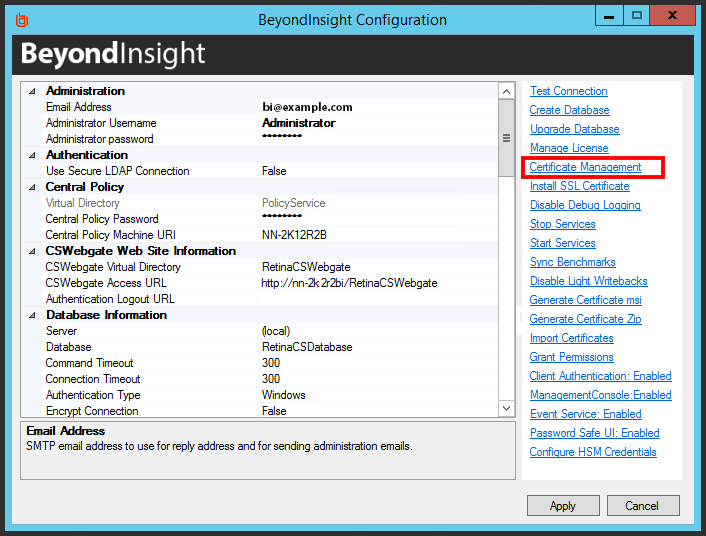 Image of the BeyondInsight Configuration Tool highlighting Certificate Management