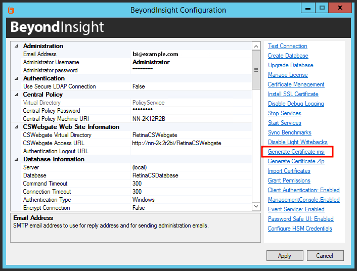 Image of the BeyondInsight Configuration Tool highlighting Generate Certificate.msi