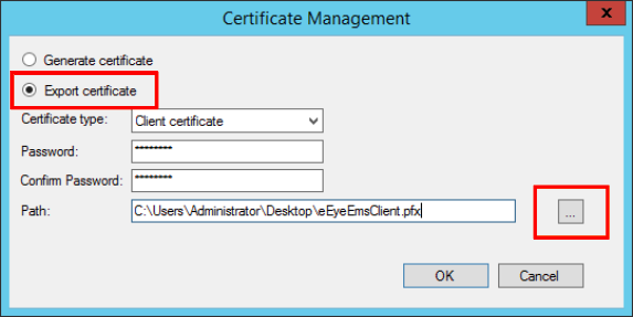 Image of Certificate Management dialog box with Export certificate selected