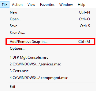 Screenshot of the Add/Remove Snap-in option in MMC