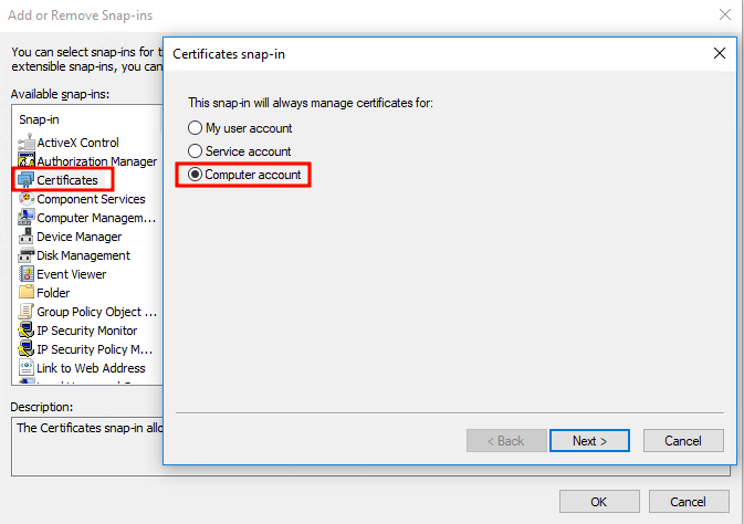Image of the Certificate Snap-in and Account selection