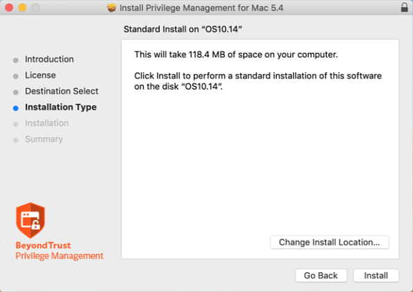 Image showing Installation Type page on Privilege Management for Mac install wizard