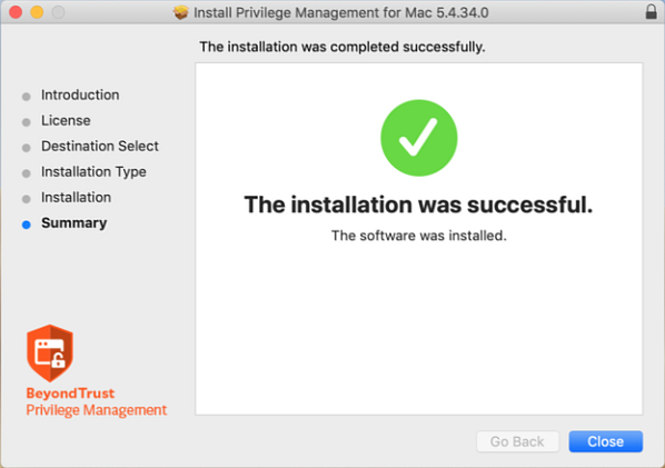 Image showing successful install of Privilege Management for Mac install wizard.