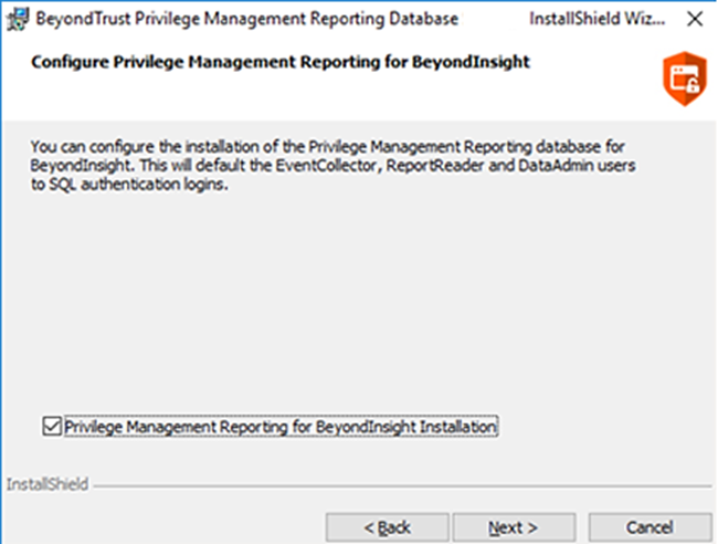 Privilege Management Reporting Configure Database Wizard