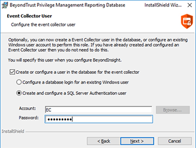 Set Event Collector User details in the Privilege Management Reporting Database wizard.