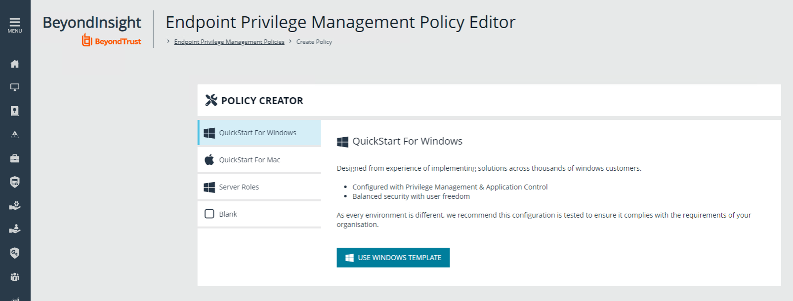 Screenshot of the WPE Policy Creator