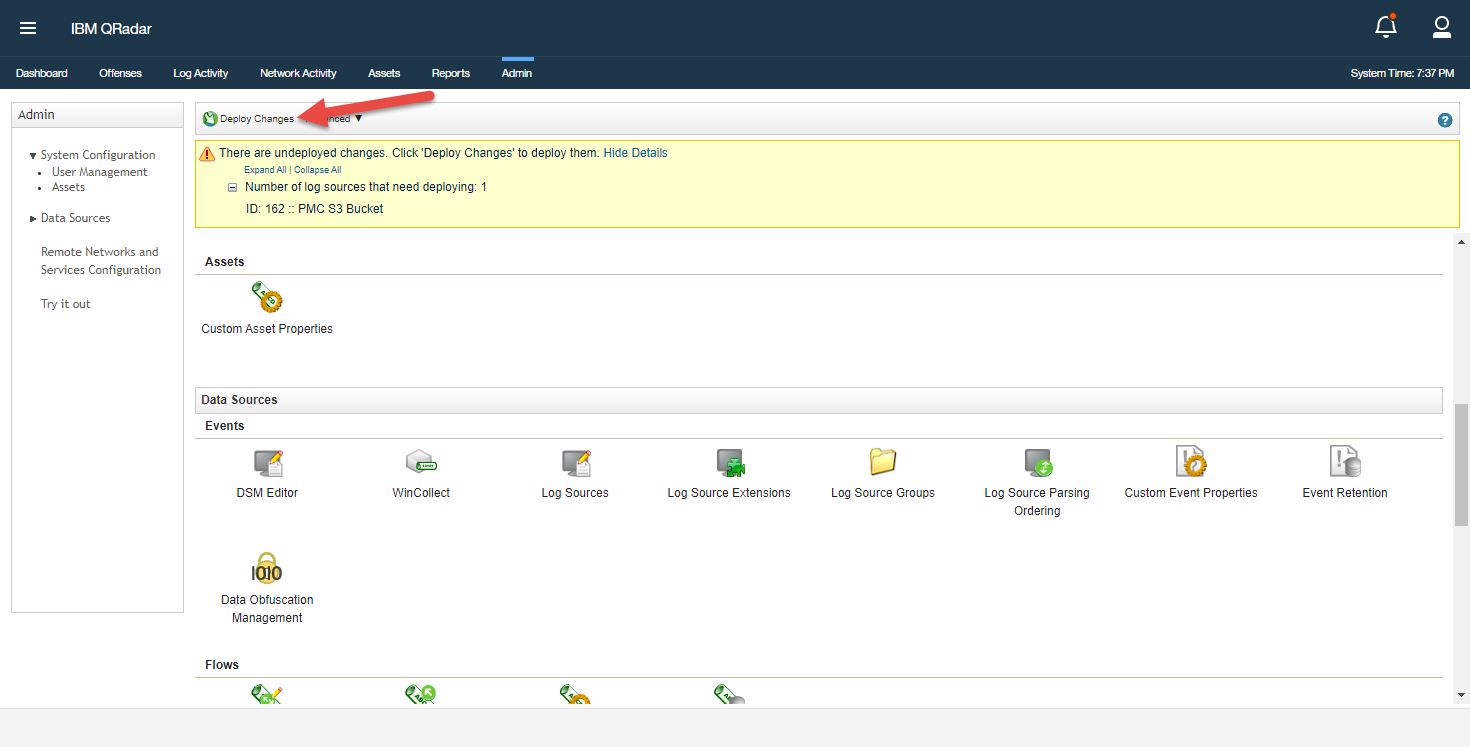 Deploy changes to activate new log sources in a PM Cloud and QRadar integration.
