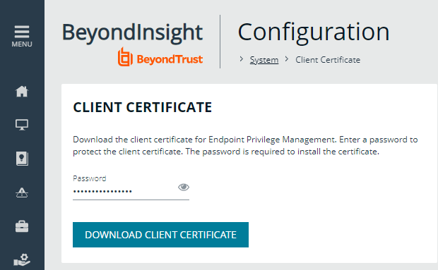 Download client certifcate from BeyondInsight to Privilege Management computer.