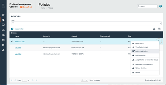 Select the Edit & Lock Policy menu item in PM Cloud.