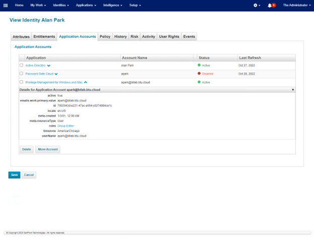 The Application Accounts tab in IdentityIQ in a PM Cloud integration.