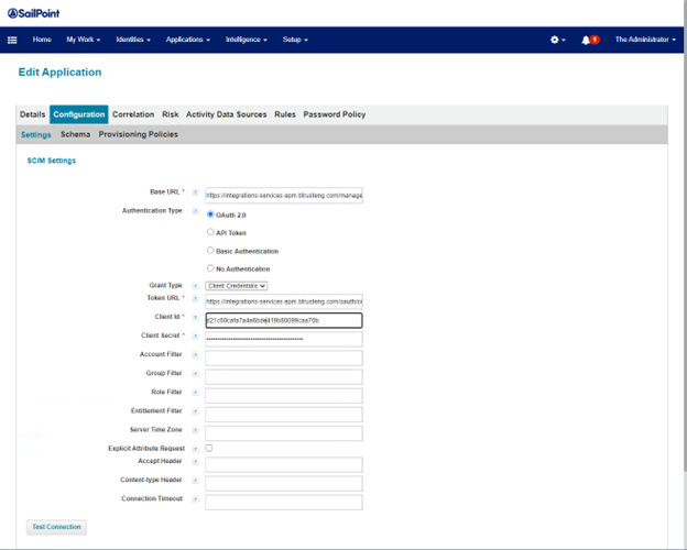 Application configuration settings in IdentityIQ for PM Cloud integration.