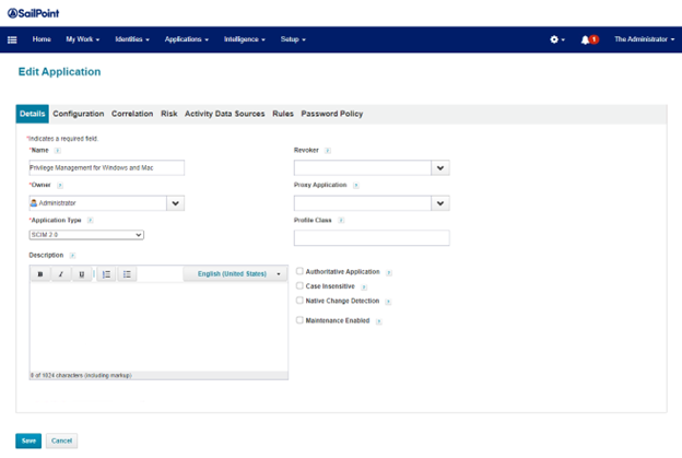 In IdentityIQ, add application details for a PM Cloud integration.