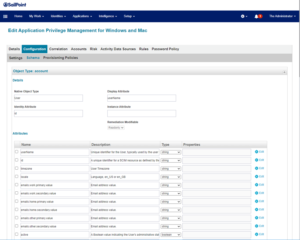 Account attributes discovered in IdentityIQ setup with PM Cloud integration