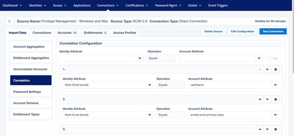 Configure correlations in IdentityNow for PM Cloud accounts.