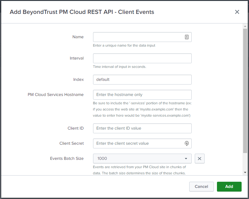 Client events in the Splunk app for Privilege Management Cloud reporting.