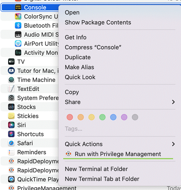 Access the Console application through the Privilege Management for Mac context menu
