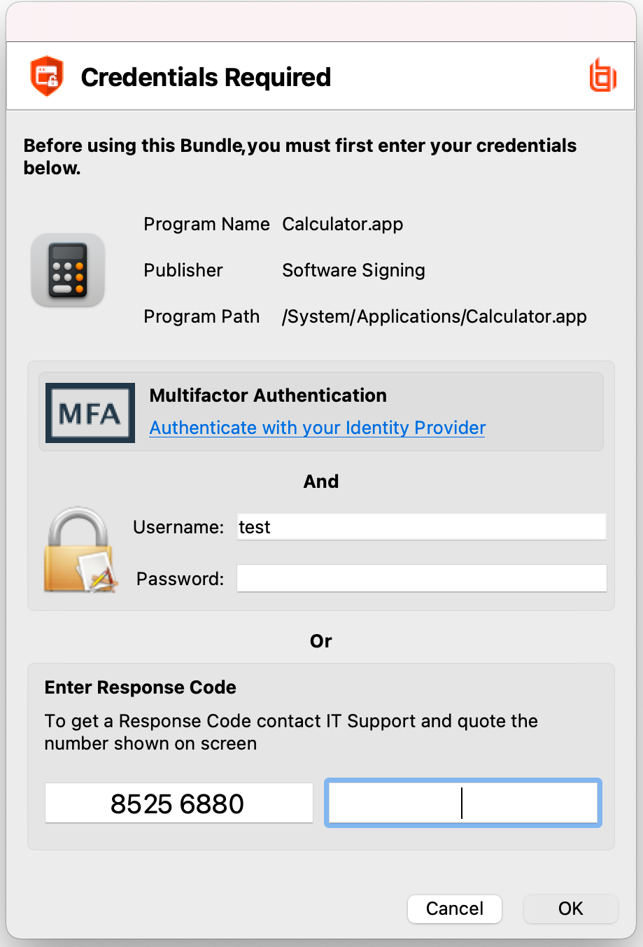 Example message dialog box showing identity provider authentication in Privilege Management for Windows and Mac