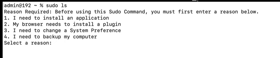 Privilege Management for Mac user reason settings example in a sudo policy
