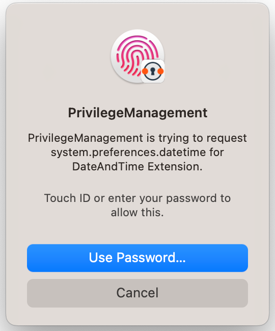 Example Endpoint Privilege Management for Mac message with Touch ID activated.