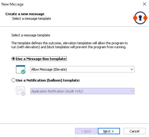 Privilege Management for Windows Create a new message dialog box