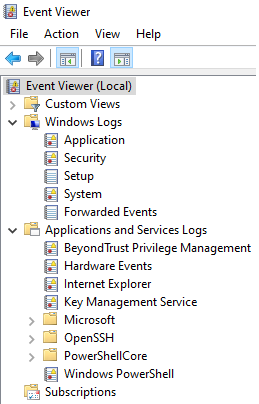 Endpoint Privilege Management for Windows event log locations in the Event Viewer