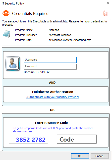 Example message dialog box showing identity provider authentication in Privilege Management