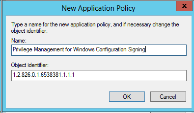 Provide the name and OID for the new application policy in the New Application Policy dialog box.