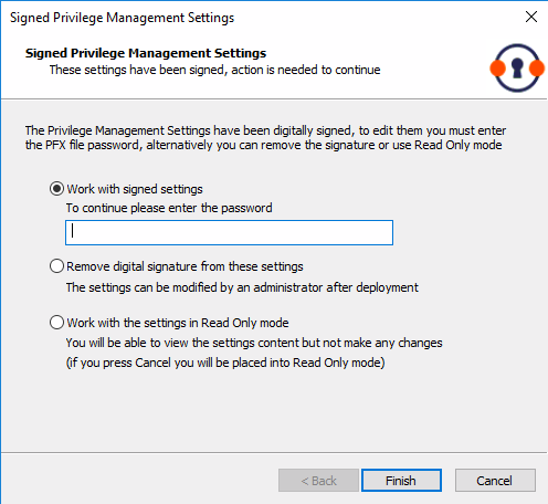 Signed Privilege Management Settings dialog box