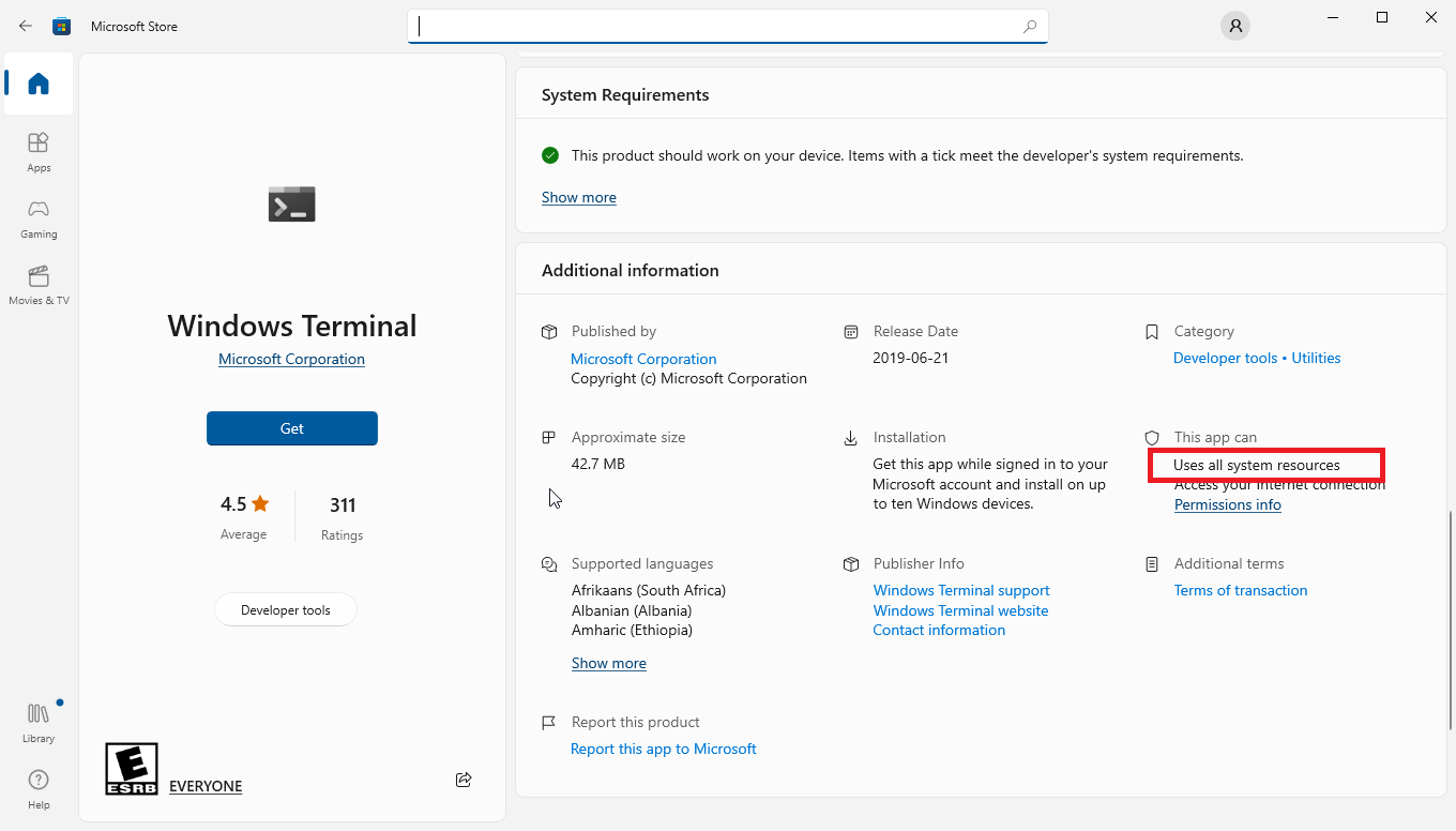 Windows Store app screen capture showing permission needed to elevate in Privilege Management
