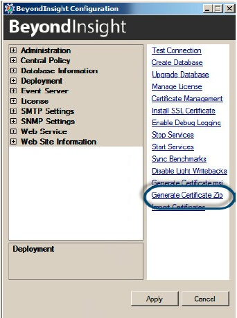 An image of the Generate Certificate Zip option in the BeyondInsight Configuration Tool.