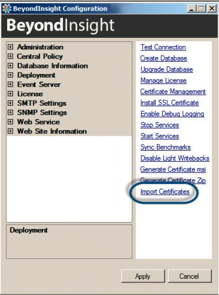 An image of the Import Certificates option in the BeyondInsight Configuration Tool.