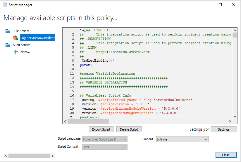 Image showing Rule Scripts to edit ServiceNowSettings.json file