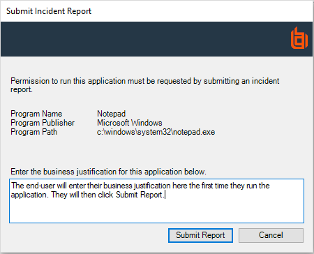 Submit Incident Report dialog box example showing ServiceNow integration