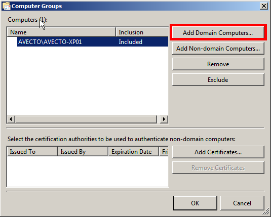 Add domain computers as part of the event subscription configuration.