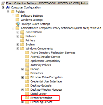Group Policy Computer Configuration path to Event Forwarding folder